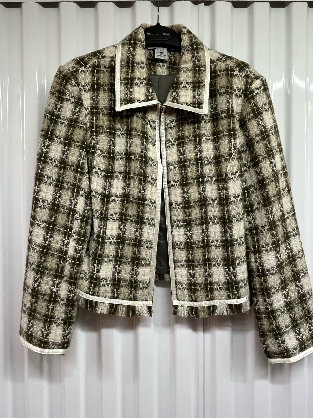 mac & jac Olive and Cream Plaid Tweed Jacket